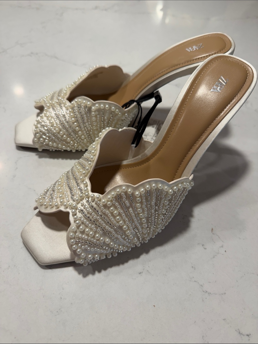 Zara Ivory Pearl-Embellished Scalloped Slip-On Heels